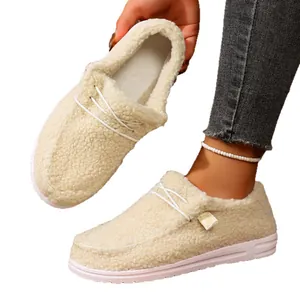 Warm and cozy cream fleece-lined loafers for women with thick platform soles for winter.