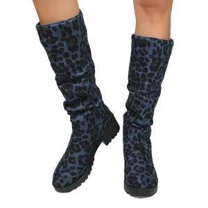 Blue leopard print slouchy mid-calf boots in soft suede with a chunky heel