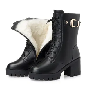 Women Mid-Calf Martin Boots Artificial PU Leather High Thick Heel Warm Fleece Lined Lace-up Side Zipper Winter Shoes Black