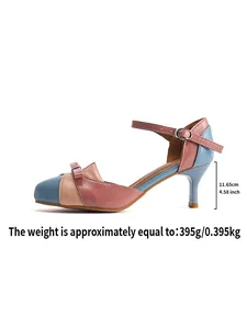 Side view of multi-color block high-heel sandals with heel height and weight info
