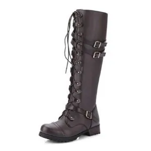 Women's dark brown knee-high motorcycle boots with lace-up and buckle design details