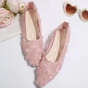 Elegant pink floral mesh flats for women featuring delicate lace details and pointed toe design.