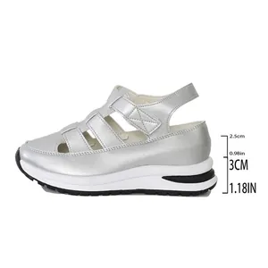 Detail view of silver wedge sandals showing the 3cm platform height and heel design.