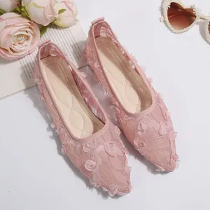 Pink pointed-toe lace flat shoes with 3D floral lace and mesh upper