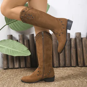 Retro brown suede V-cut western cowboy boots with stud details and block heels