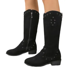 Retro black V-neck western cowboy boots for women with studded details and side zipper