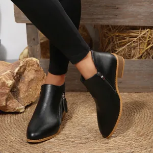 Chic black pointed toe ankle boots with chunky heels and dual side zippers for women