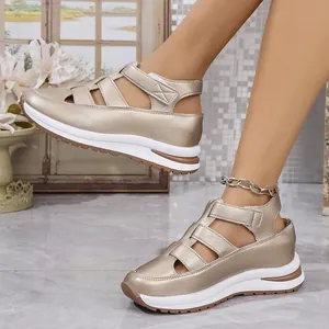 Champagne gold metallic platform sandals with hollow out design and velcro strap