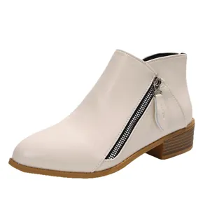 Elegant beige pointed-toe ankle boots for women featuring a chunky heel and side zipper