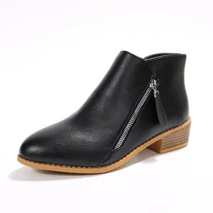 Elegant black pointed-toe ankle boots featuring chunky low heels and side zippers
