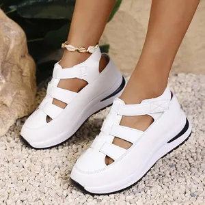Women Fashion Wedge Sandals Platform Hollow Out Closed Toe Summer Shoes PU Hook Loop Daily Walking Sandals For Women