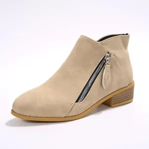 Elegant women's beige faux suede ankle boots featuring side zipper and chunky block heel