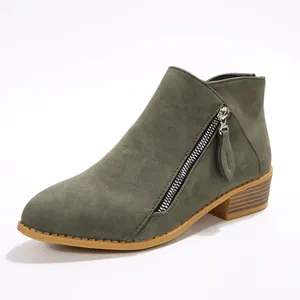 Women's pointed toe ankle boots in olive green with chunky heel and side zipper