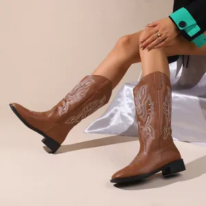 Close-up of brown embroidered western cowboy boots with chunky mid-heels and V-cut.