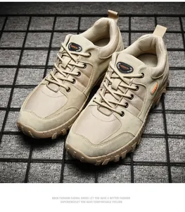 Durable khaki low-top outdoor trekking shoes for men displayed on an industrial grid