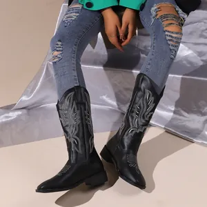 Detailed view of black western cowboy boots featuring white embroidery and a chunky heel