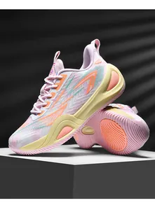 Detailed macro view showing breathable mesh and textured sole of pink basketball shoes