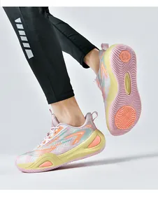 Detailed view of breathable mesh basketball shoes featuring a vibrant colorful sole pattern