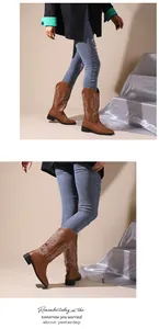 Detailed view of women's brown western cowboy boots with white embroidery and block heels