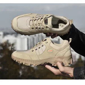 Durable beige low-top hiking shoes for men with anti-slip rubber soles and suede finish
