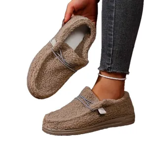 Cozy brown plush warm winter loafers for women slip-on snow boots with soft fleece lining