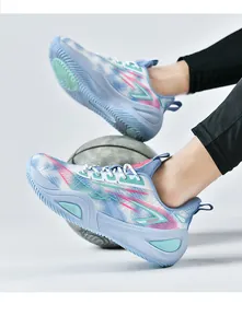 Side view of breathable mesh basketball shoes with colorful wave patterns on white background.