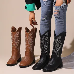 Women Western Cowboy Boots Vintage Embroidered Knight Boots V-Mouth Chunky Heel Mid-Calf Pointed Toe Synthetic Leather Retro Boots