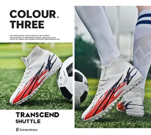 Close-up detail of high-top flyknit soccer cleats on grass field during training