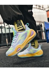 Close-up of stylish breathable mesh basketball sneakers featuring colorful paneling.