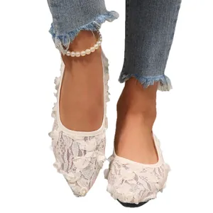 Elegant white lace mesh ballet flats with 3D floral decorations and pointed toe