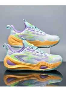 Detailed side view of vibrant basketball shoes with breathable mesh and thick soles