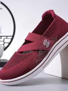 Breathable burgundy fly-weave mesh slip-on walking shoes with elastic straps for women