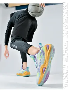 Detailed view of breathable mesh basketball shoes featuring vibrant orange and purple accents