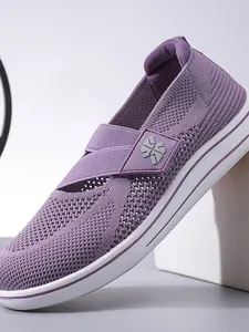 Breathable purple mesh slip-on walking shoes for women with comfortable white sole
