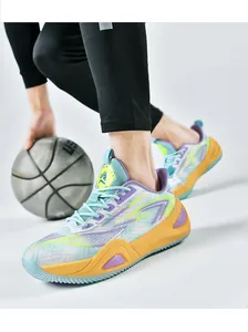 Close-up of breathable mesh basketball shoes with vibrant orange and purple accents