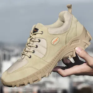 Khaki low-top men's hiking shoe with breathable mesh and durable non-slip rubber sole.