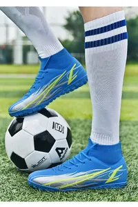 Professional blue high-top soccer shoes with flyknit collar for training and competition.