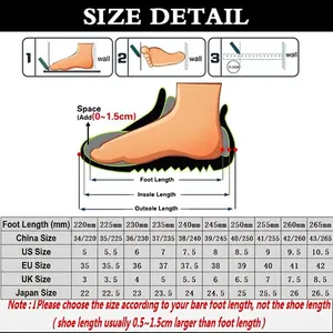 Detailed shoe size chart and measurement guide for mesh running sports shoes