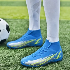 Blue high-top soccer cleats with knit collar for firm ground training and matches