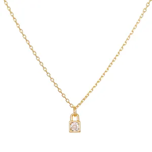 Elegant S925 sterling silver necklace with lock pendant and sparkling stone, 14K gold plated