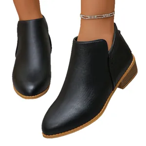 Sleek black pointed-toe ankle boots with back zipper and comfortable chunky heel