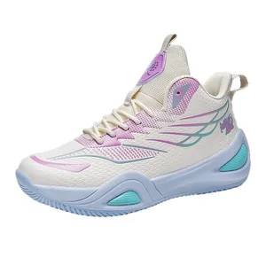High-top basketball shoes with cream upper and purple gradient details for training