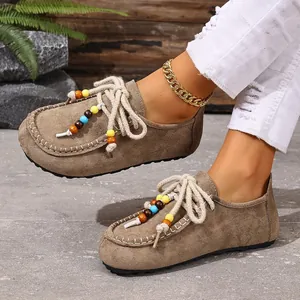 Damen Vintage Wildleder Slipper Flache Schuhe Böhmische Bunte Perlen Loafers Bequeme Weiche Sohle Freizeitschuhe