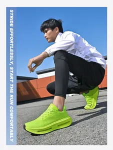 Men's fluorescent green breathable mesh running shoes with shock-absorbing air cushion sole