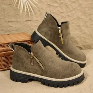 Bottines femme en daim vert olive à bout rond avec fermeture éclair et semelle épaisse