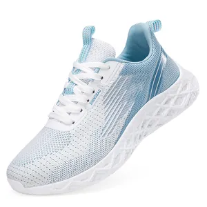 Breathable fly-knit running sneakers for women with blue gradient and white sole