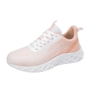 Pink women's breathable flyknit running shoes with lightweight mesh upper