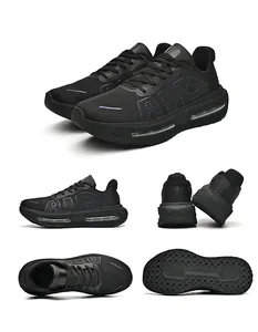 Detailed view of black air-cushioned running shoes from five different angles