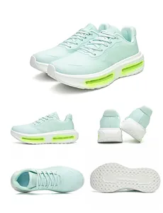 Multi-angle views of breathable mint green running shoes with thick air cushion soles