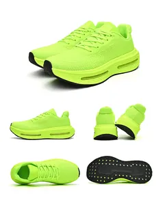 Detailed multi-angle views of neon green mesh running shoes with thick air cushion soles
